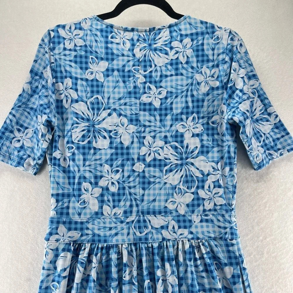 Lands End Dress S 6-8 Floral Check Short Sleeve A-Line Stretch Cotton Modal Blue - Picture 5 of 12